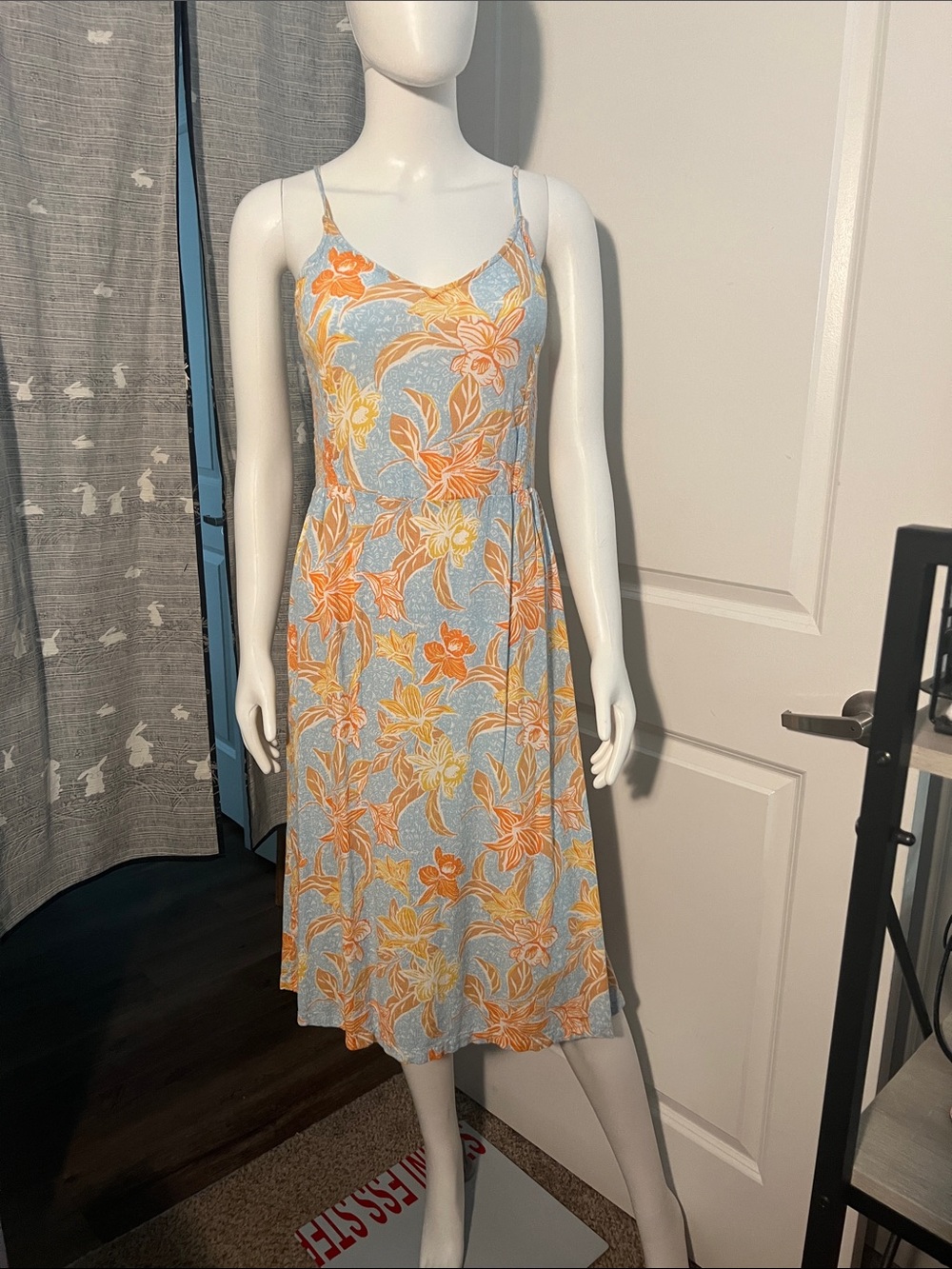 Roxy Light Blue Floral Slip Midi Dress with Orange and Yellow Blossoms